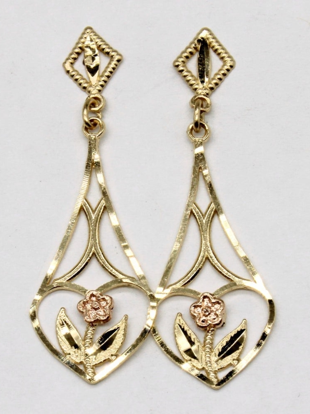 13kt Yellow w/ Rose Gold Floral Cutout Drop Earrings for Women